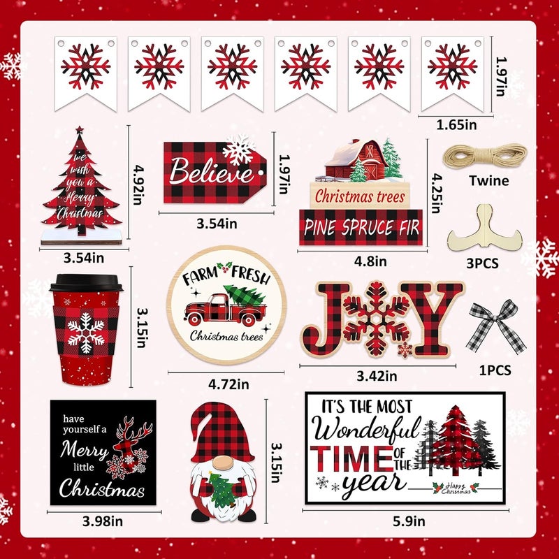 FINDRICH 20 Pcs Christmas Tiered Tray Decor - Christmas Decorations Indoor Table Centerpieces Red and Black Buffalo Plaid Tray Decor with Snowflake, Xmas Tree, Gnome Wooden Signs for Home Shelf Decor - Image 3